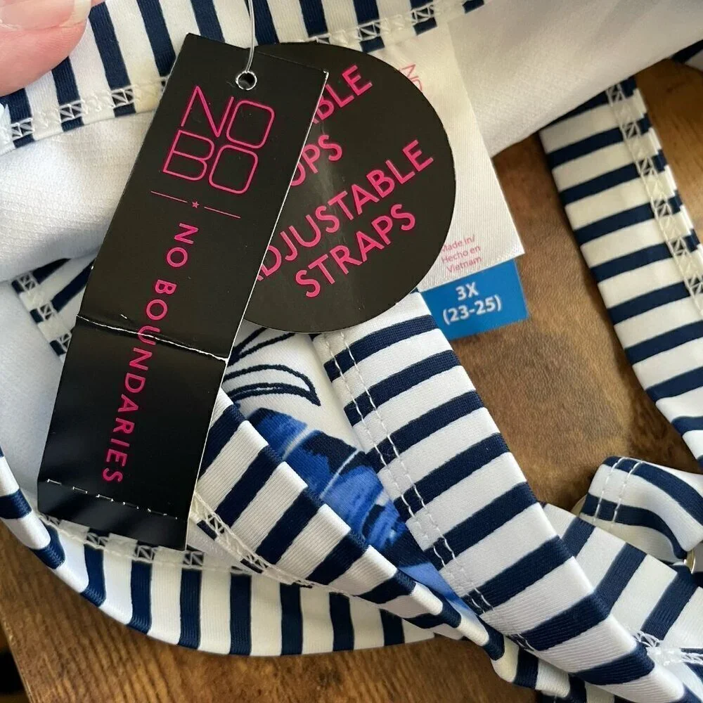 No Boundaries Womens Bikini Plus Sz XL 3X Blue White Palm Print Cut Out Swimsuit